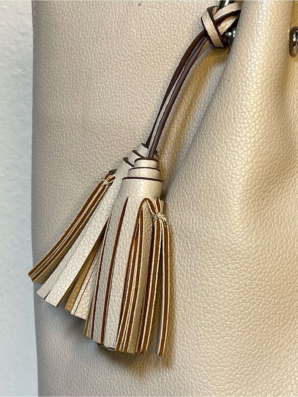 Anne Klein Taupe Vegan Pebbled Texture Tote with Lion & Tassel Charms - Picture 3 of 16